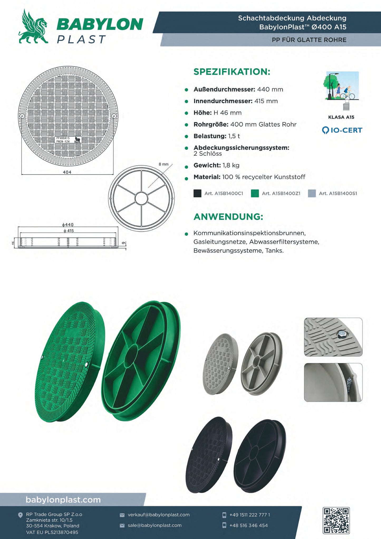 Pipe Manhole Cover DN400 A15 BabylonPlast™